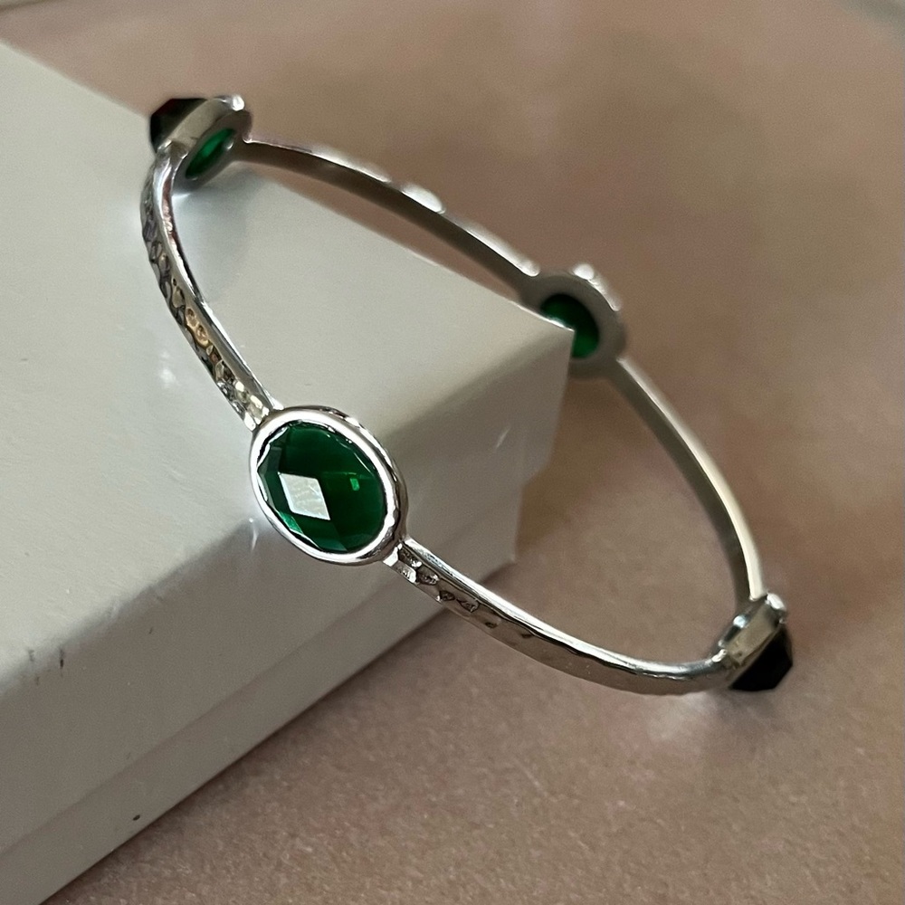 Silver Hammered Bangle Bracelet with Green Faceted Stones